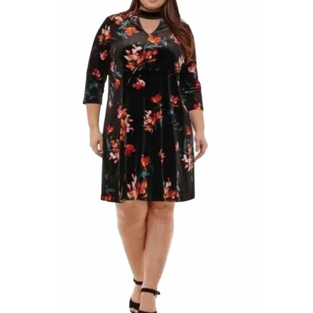 Velvet Shift Women Dress Size 1X Black Floral Stretchy Choker Neck - Picture 2 of 11